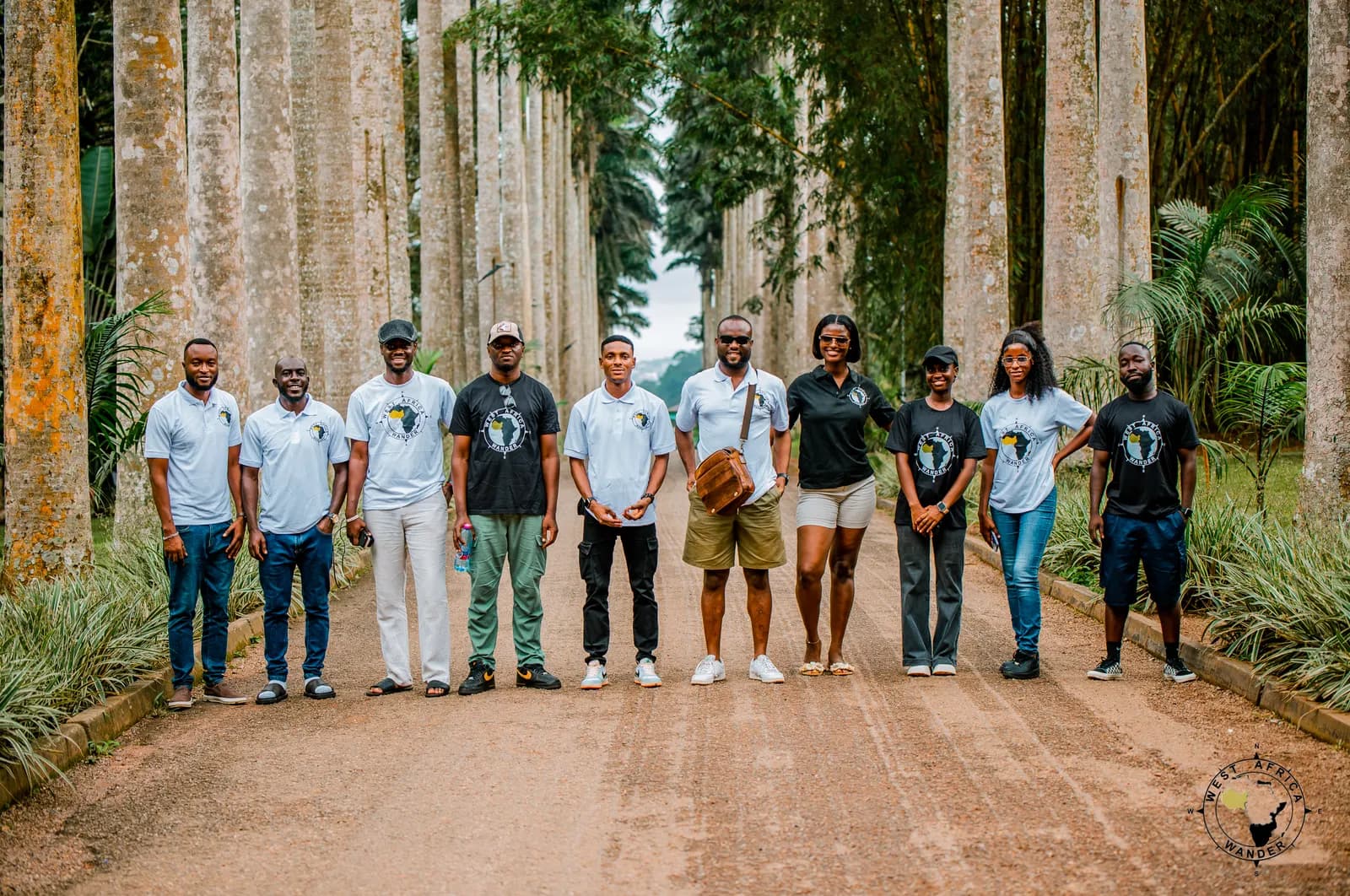 A West Africa Wander group standing in the avenue of tall palms at Aburi Botanical Gardens