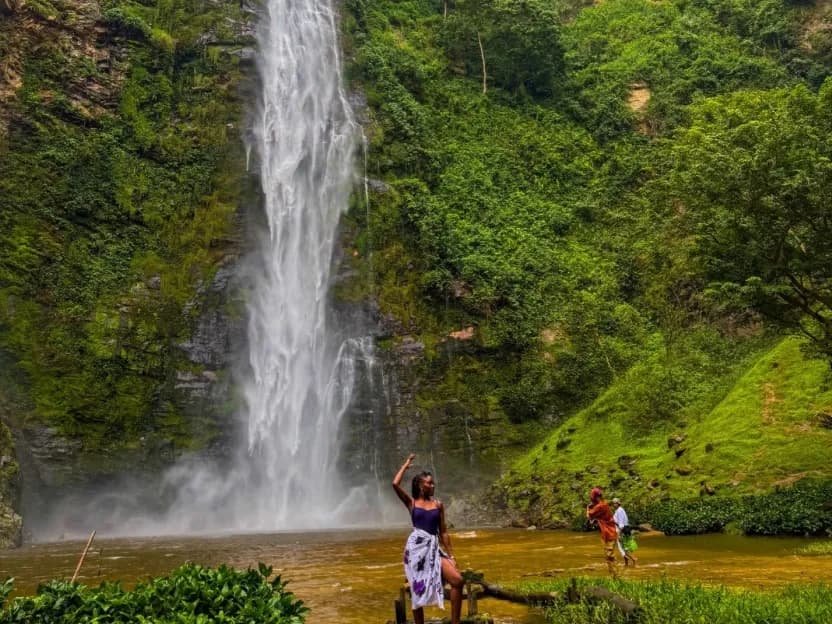 Wli Falls pours down a green cliff into a shallow pool where visitors stand