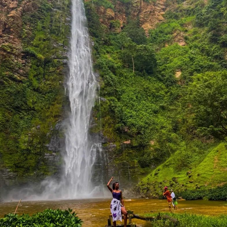 Wli Falls pours down a green cliff into a shallow pool where visitors stand